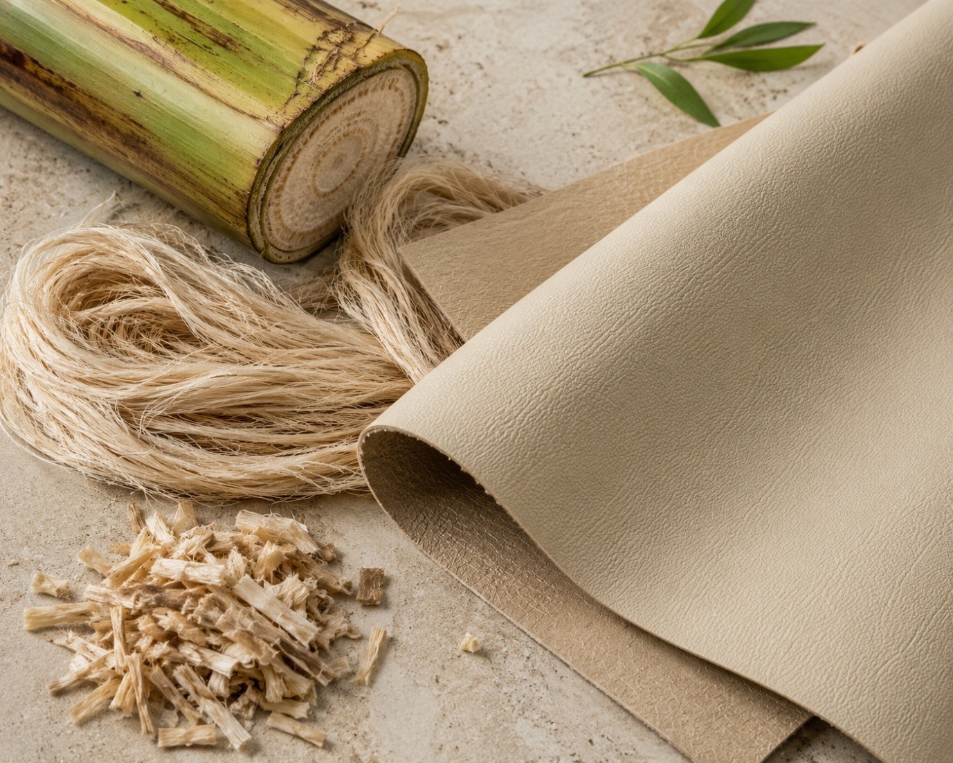 Banana plant stem, extracted fibres, chips and a finished sheet of vegan leather