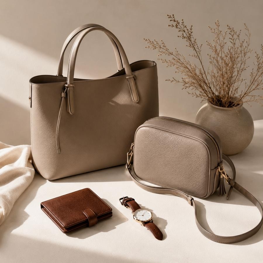 A collection of handbags, a wallet and a watch made from sustainable materials