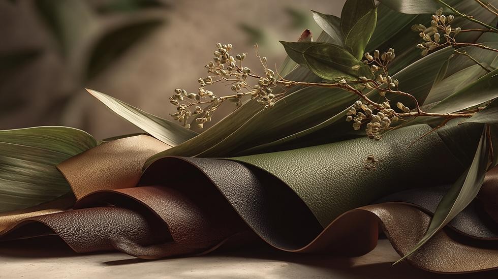 Textured vegan leather swatches in green and brown arranged with plant leaves