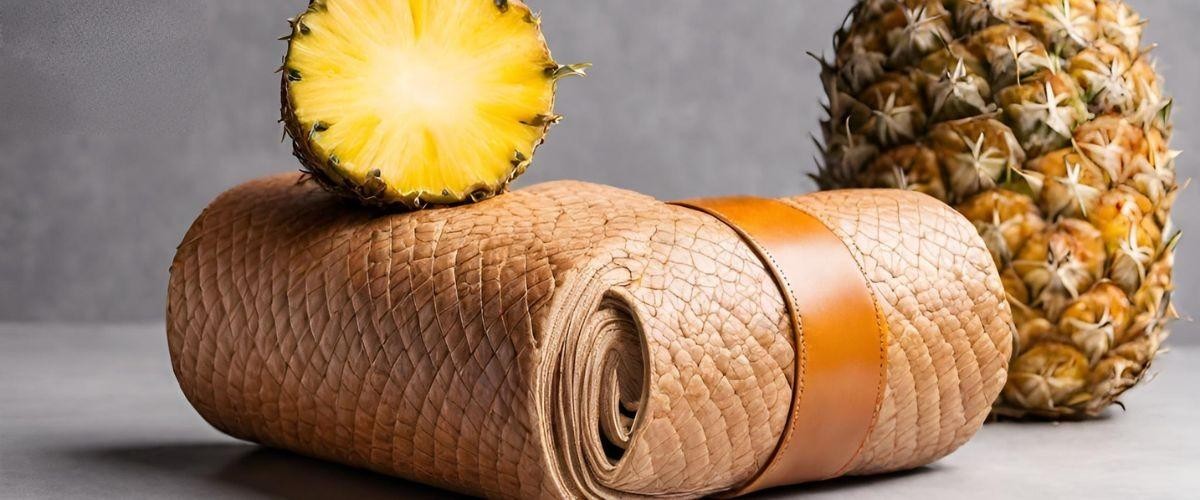 Rolled pineapple-fibre based material beside a pineapple